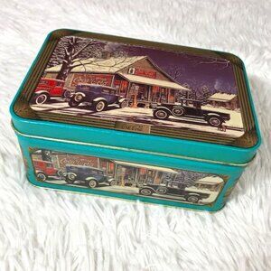 Vintage Coca-Cola Teal Nostalgia Winter Cars at Convenience Store Hinged Top Tin